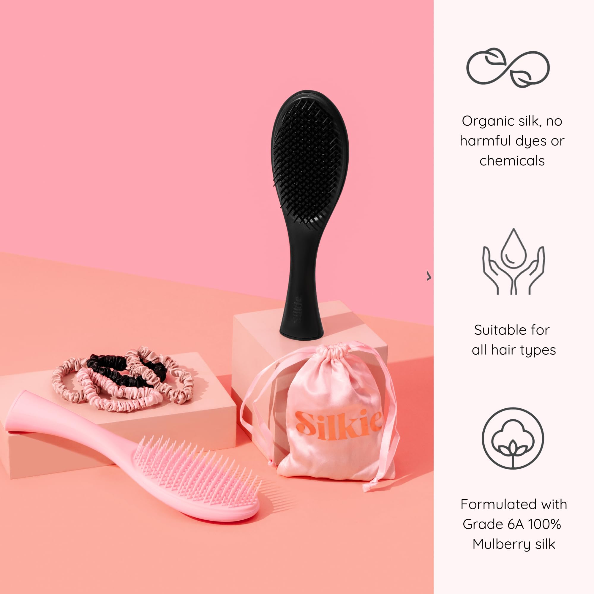 SILKIE x4 Set 100% Pure Mulberry Silk Nude Pink Neutral Skinny Scrunchies Travel Pouch Everyday Hair Ties Elastics Hair Care Ponytail Holder No Damage