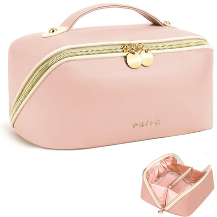 Prite Large Capacity Makeup Bag Portable Travel Cosmetic Bag Waterproof Toiletry Case with Clear Divider and Handle (Pink)