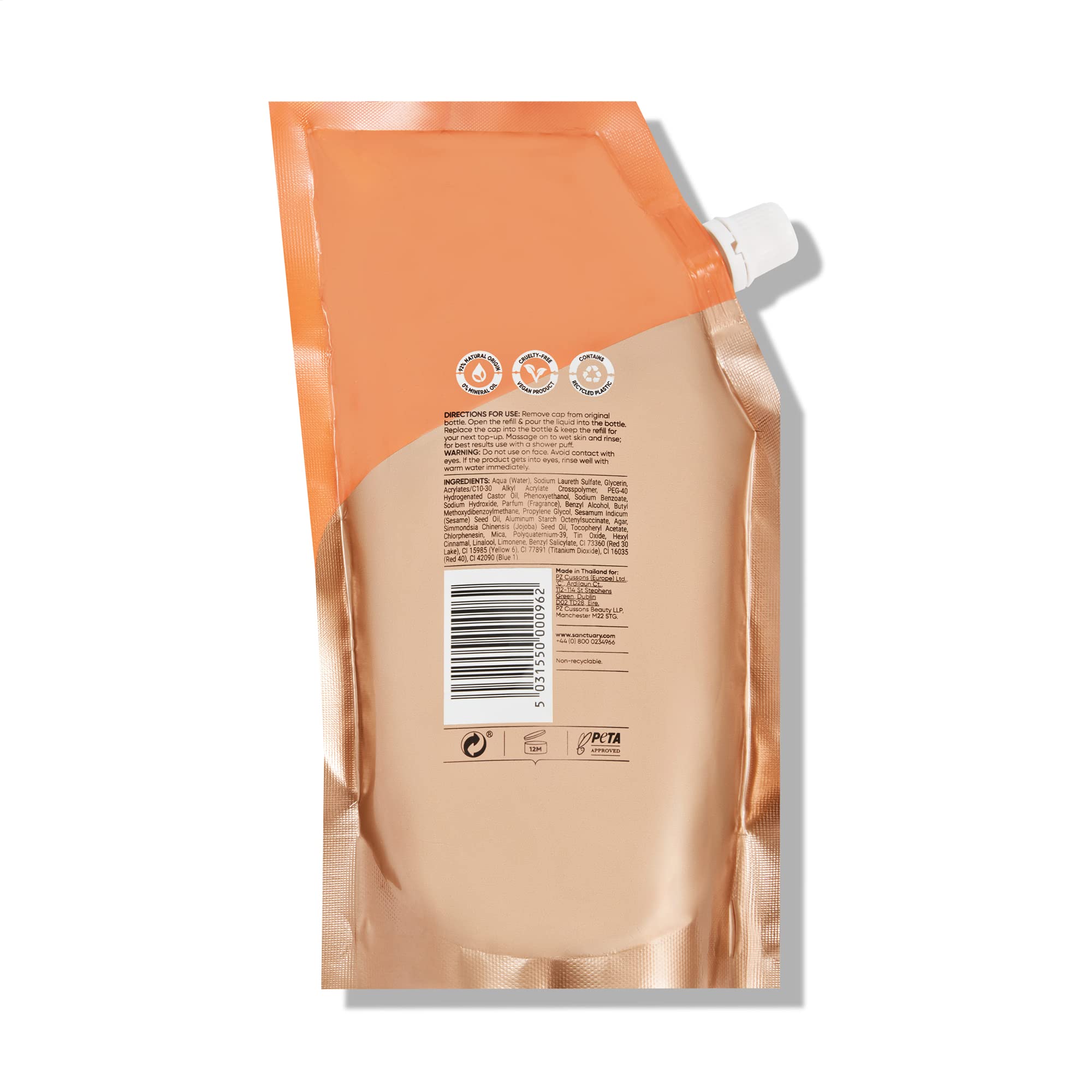 Sanctuary Spa Shower Gel Refill Pouch, No Mineral Oil, Cruelty Free, Natural & Vegan Body Wash for Women, 500ml, Orange
