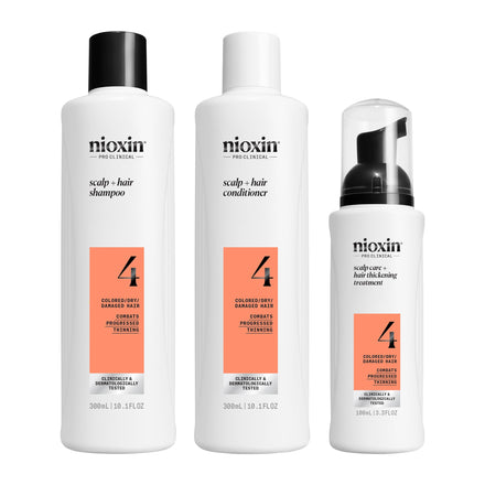 Nioxin Scalp + Hair Thickening System 4 Loyalty Kit - Hair Thickening System for Coloured, Dry and Damaged Hair with Progressed Thinning - Shampoo, Conditioner and Scalp Treatment, 300+300+100ml