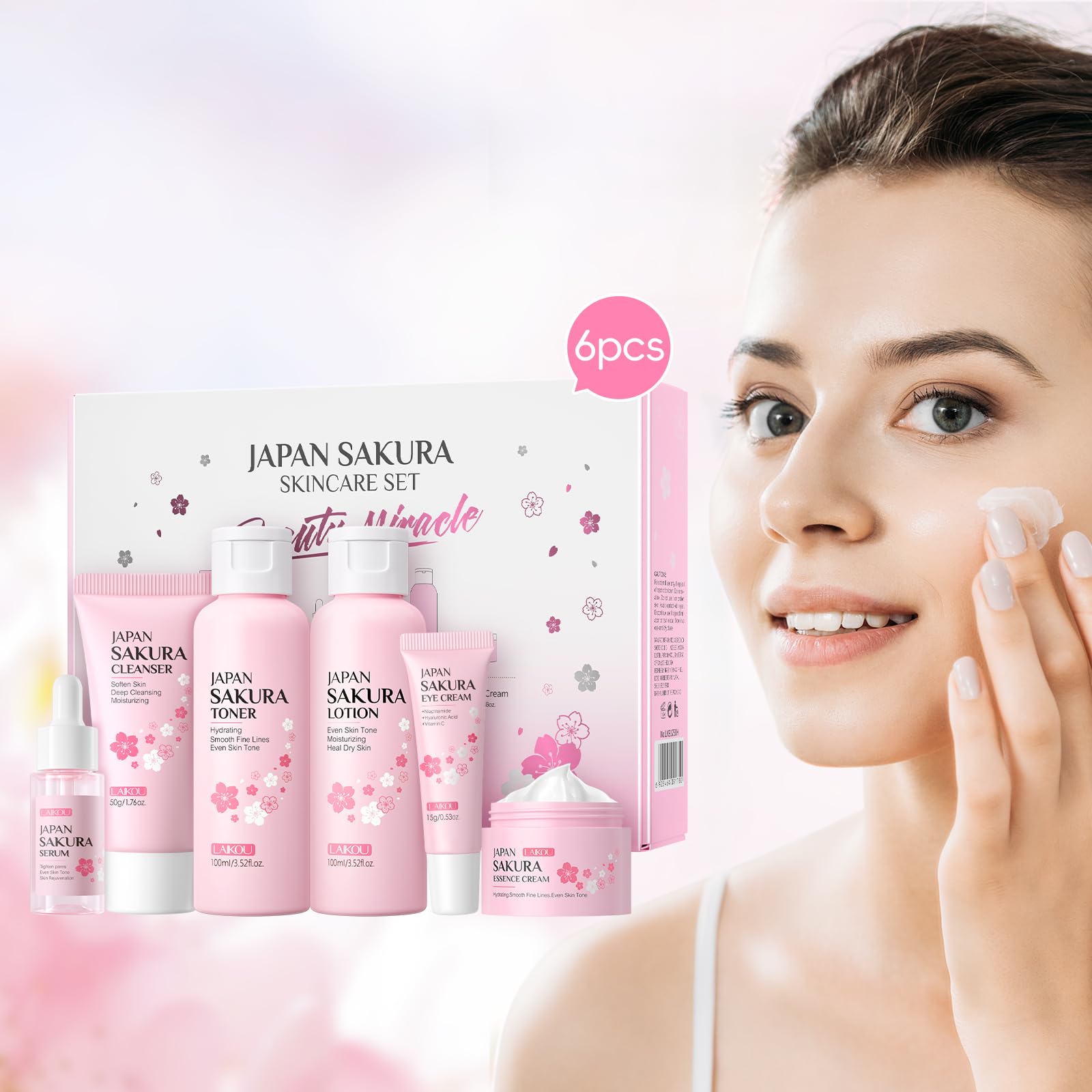 LAIKOU Skincare Set, JAPAN Sakura Skin Care Sets & Kits - Cleanser, Toner, Lotion, Serum, Eye Cream, Face Cream, Travel Gift Sets for Women Teenage Girls Mom Daughter, TSA-friendly Sizes 6pcs