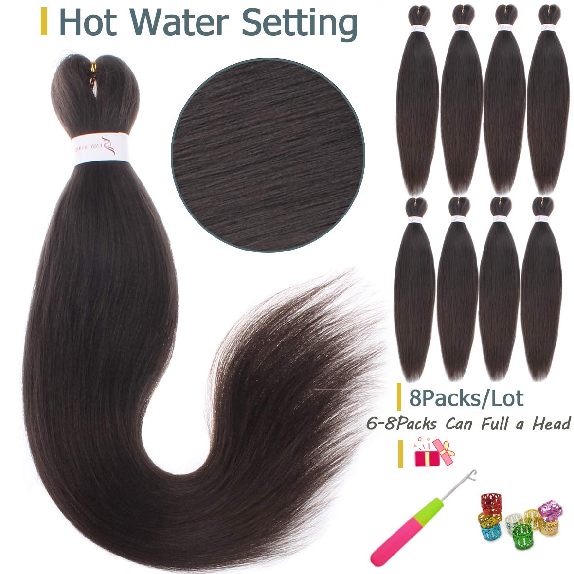 Leeven 8 Packs Pre Stretched Braiding Hair Extension 26'' Yaki Straight Texture Easy Braid Profession Braids for Making Jumbo Braid Hair Pre-stretched Synthetic Hair Extension /26 Inch 4#