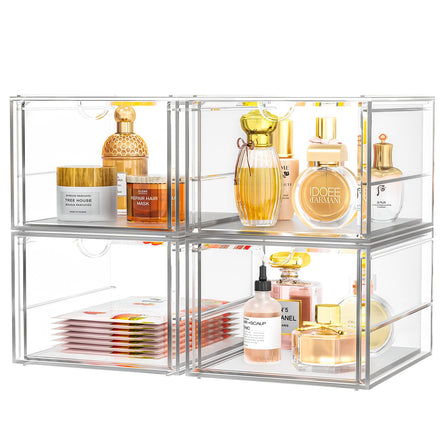 4 Pack Stackable Storage Drawers, Acrylic Cosmetic Drawer, Clear Desk Accessories, Latest Model Dustproof Drawer Storage for Dresser, Bathroom