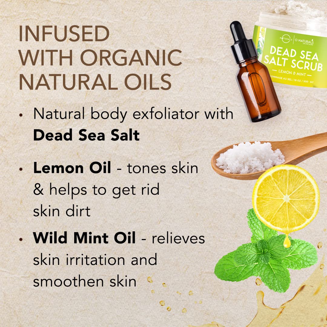 O Naturals Lemon & Mint Dead Sea Salt Scrub. Refreshing All Natural Exfoliator for Face, Hands, Body & Acne. Smooths, Renews & Revives Skin with Argan & Sweet Almond Oil. For Women & Men. 500 gr