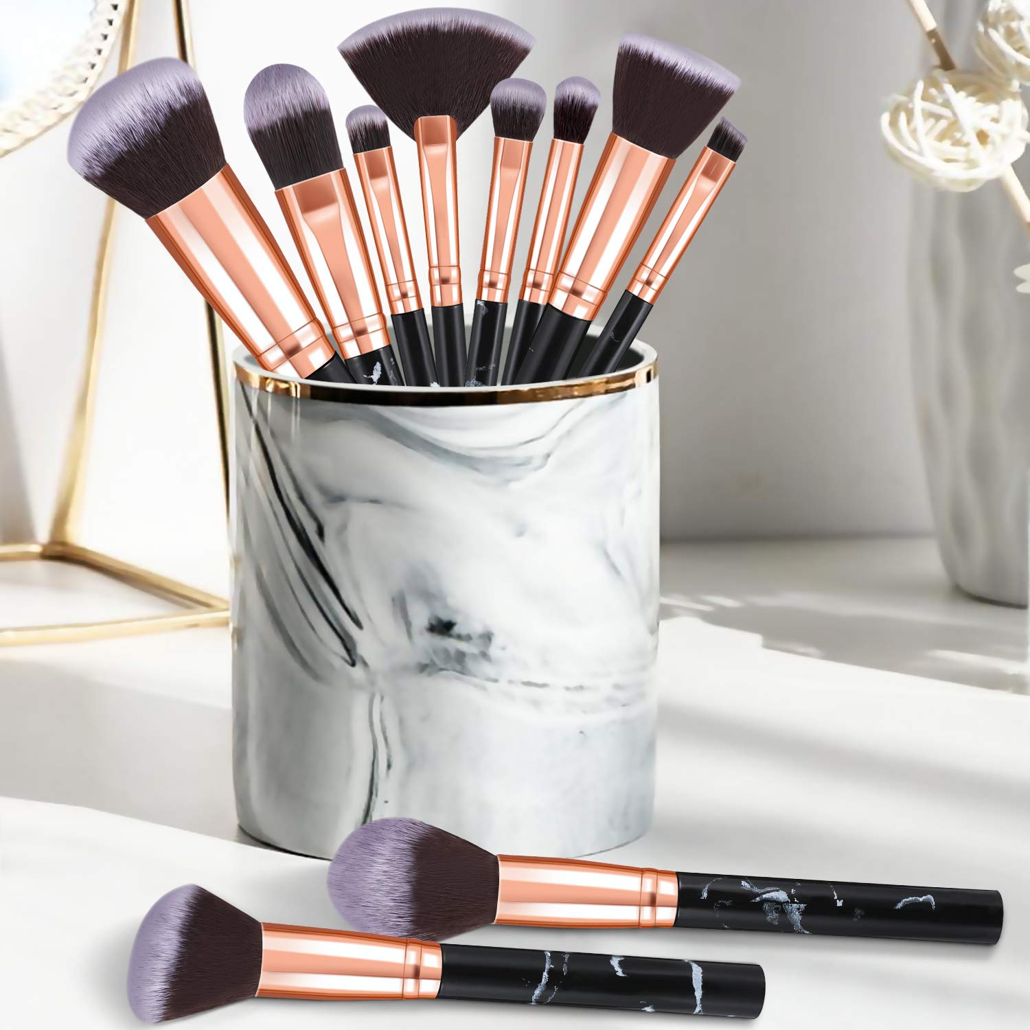 Makeup Brushes, START MAKERS 10Pcs Marble Makeup Brush Set Foundation Powder Blush Blending Eyeshadow Brushes Sets for Face, Eyeshadow, Eyebrow, Concealer, Contour, Highlight (Black)