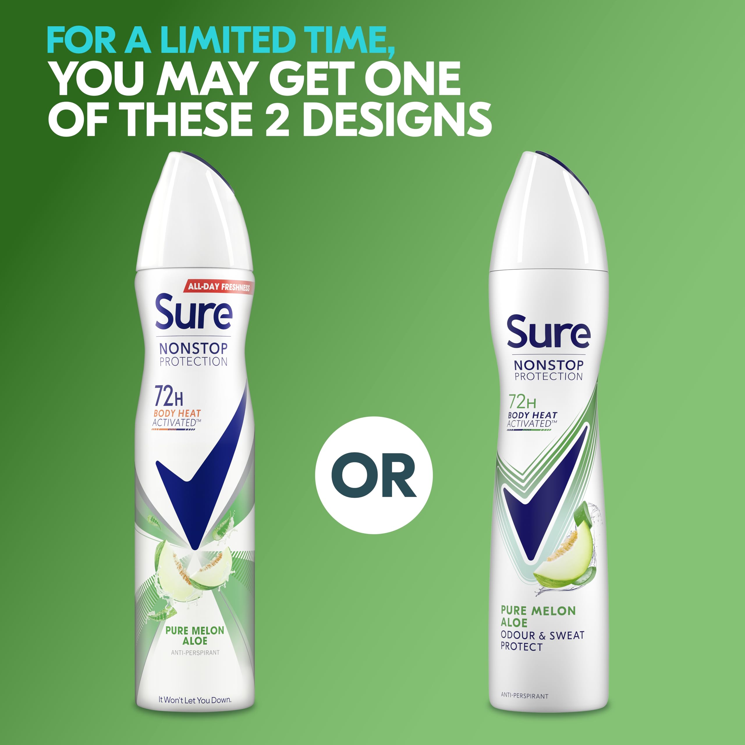 Sure Nonstop Protection Pure Melon Aloe Anti-Perspirant Aerosol Women's Deodorant Spray with Body Heat Activated technology and a melon & aloe scent for 72 hour odour and sweat protection 6x 250 ml