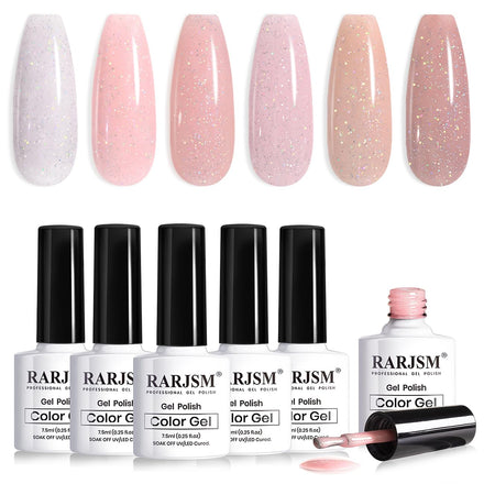 RARJSM Nude Glitter Gel Nail Polish 6pcs Set Sparkly Rainbow Shimmery Nail Gel Polish Iridescent Pigment Jelly Sheer Gray Pink Milky Peach Purple Translucent Natural Skin Tone Color 7.5ml Soak off