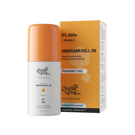 Chemist at Play UnderArm Roll-On with 5% Lactic Acid 1% Mandelic Acid | Prevents Odour Brightens Skin & Exfoliates Underarm | Fragrance-Free for Sensitive Skin | Alcohol & Aluminium Free | 40 ml