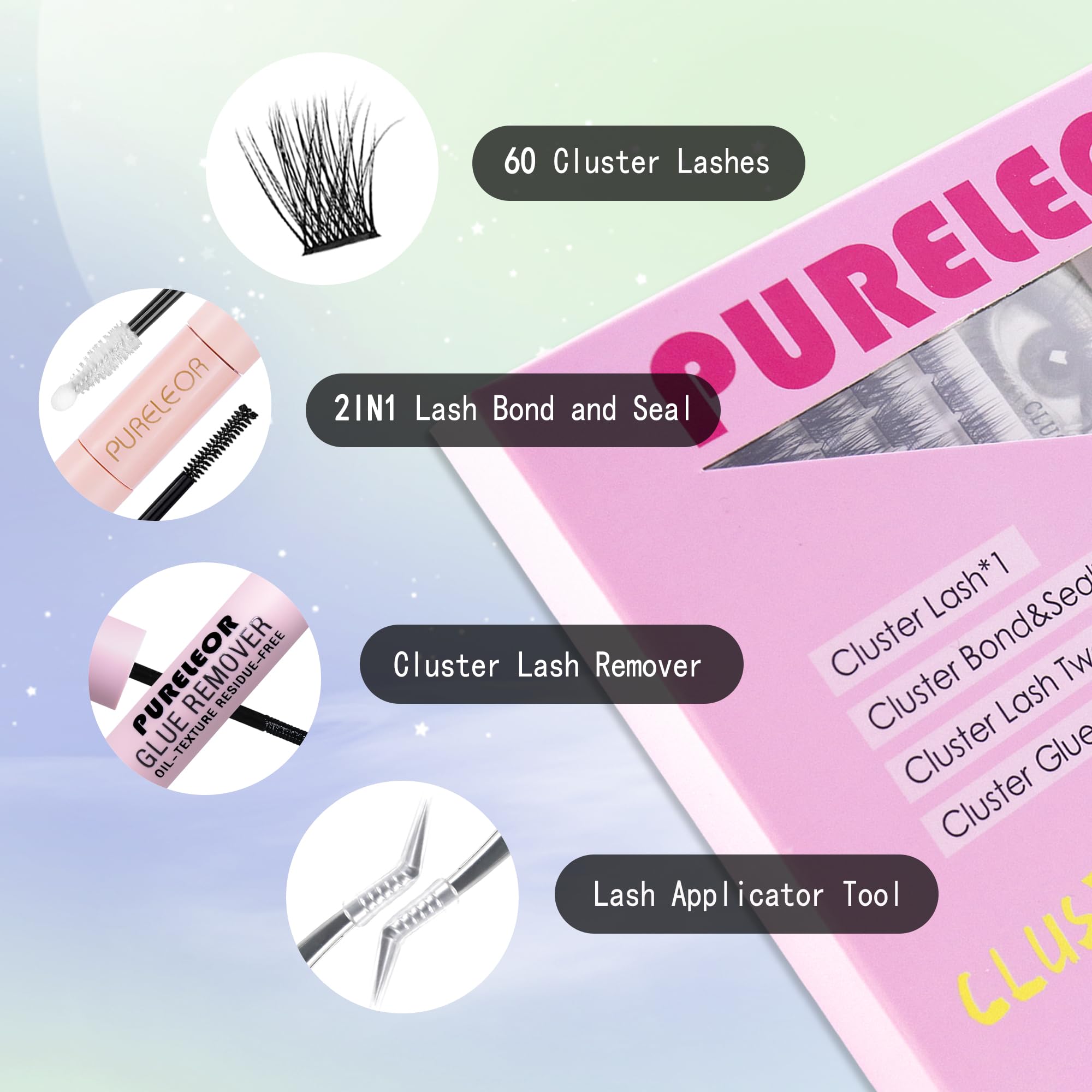 Cluster Lashes Extension Kit DIY Individual Eyeashes Extensions with Bond Seal Tweezers Remover 8-16mm Mixed Length Wispy 60Pcs Eyelash Natural Look DIY at Home
