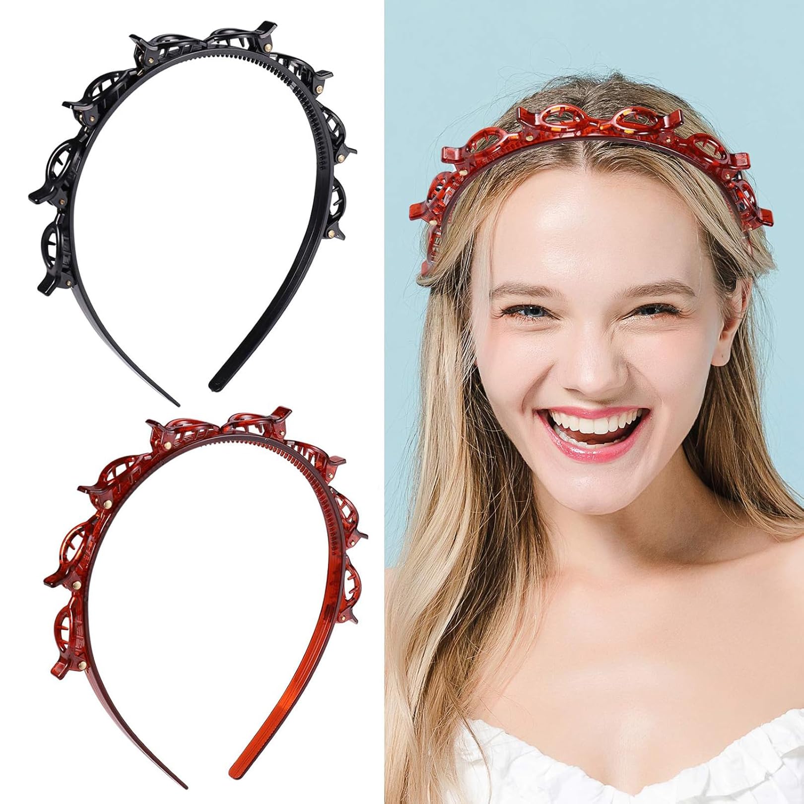 2 Pcs Clip Headbands,Multi-Layer Teeth Comb Hair Hoop Headband With Clips Attached,Non-Slip Double Bangs Hairstyle Hairpin Multi-Layer Hollow Woven Headbands for Women Girls(Black, Brown)