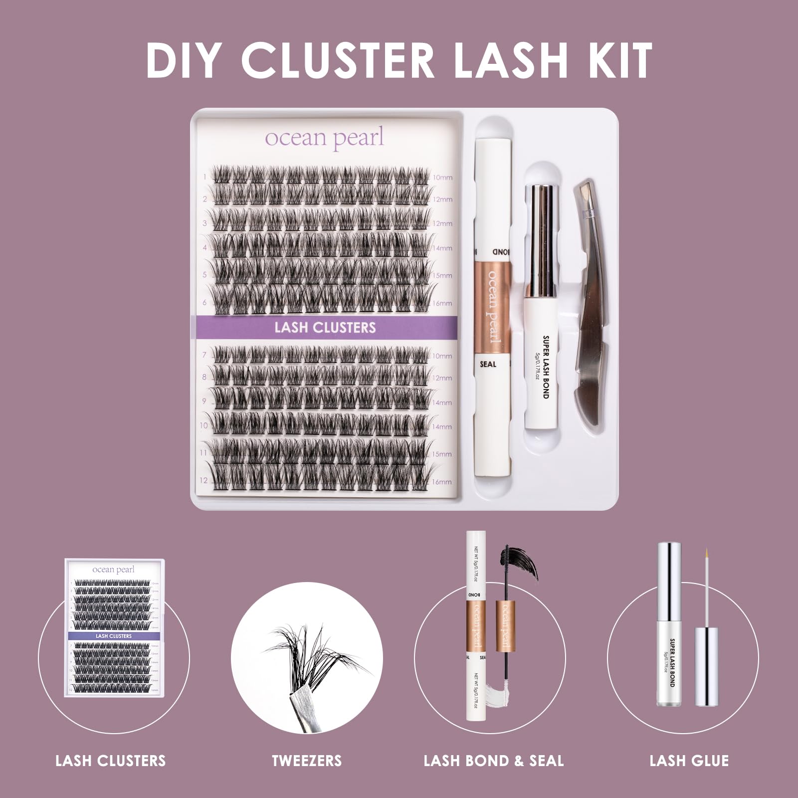 Ocean Pearl Cluster Lashes 144PCS Eyelash Clusters 10-16mm Lash Extension Kit Individual Eyelashes DIY Eyelash Extension Kit Natural Lash Clusters with Super Bond and Seal Super Glue-OP25