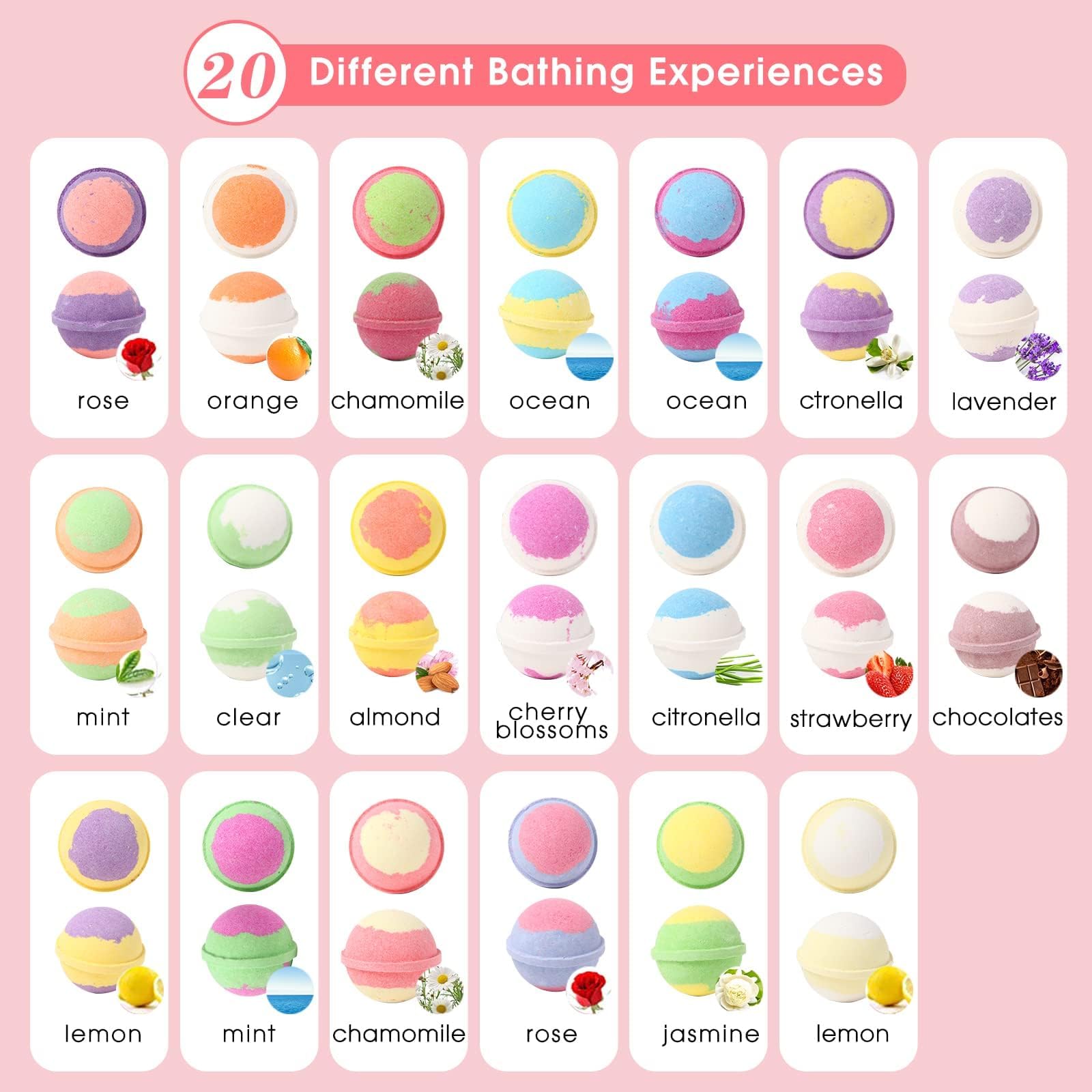 Fafamara Bath Bombs, Foaming Gift Set 20 Organic & Natural Handcrafted Essential Oils Relaxation and Stress Relief Fizzy Balls Ideal Birthday Gift for Her/Him, Women, Wife, Girlfriend, Mother