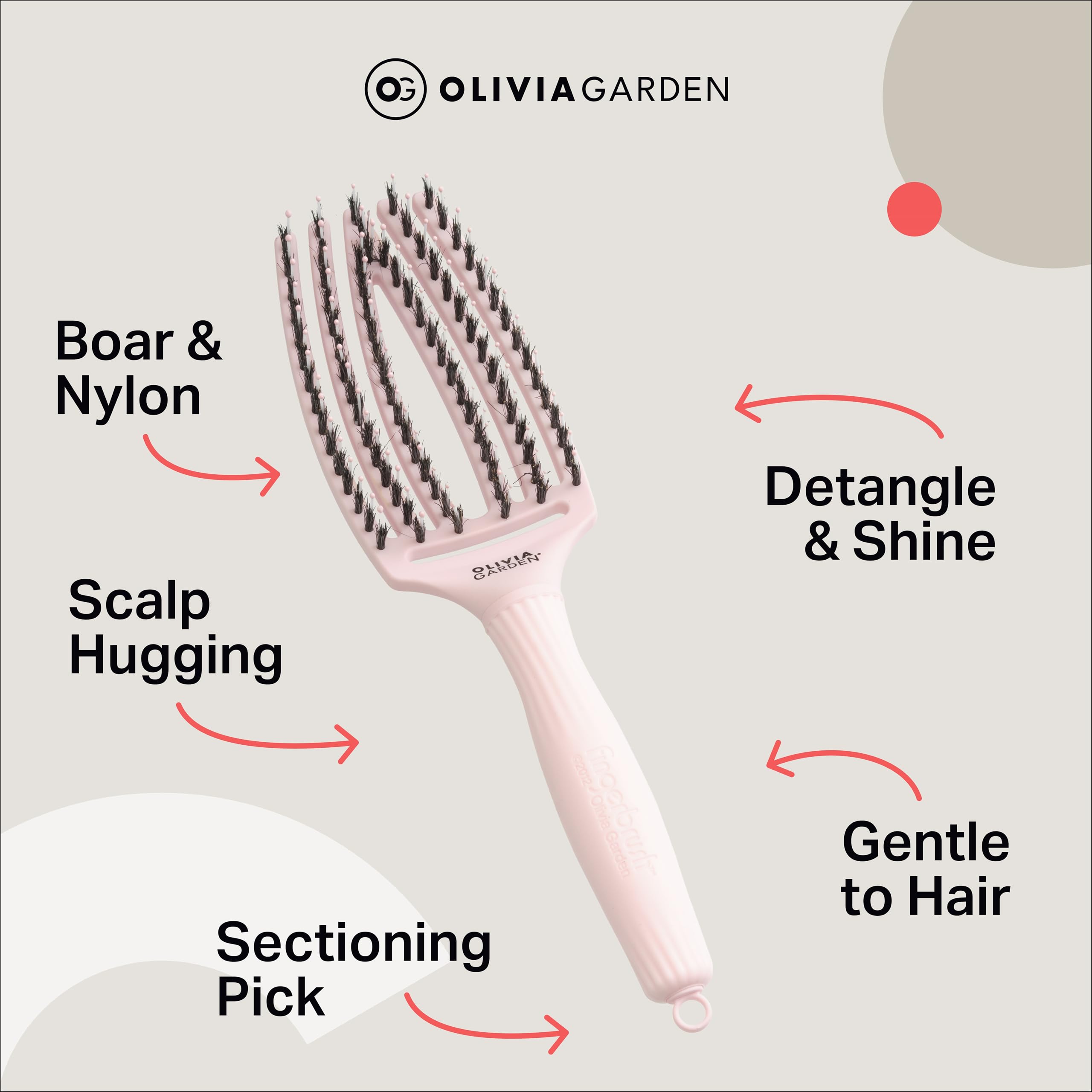 Olivia Garden Fingerbrush Care Iconic - Medium - Pastel Pink - Detangling Hairbrush with Boar & Nylon Bristles for Ultimate Shine & Smooth Styling