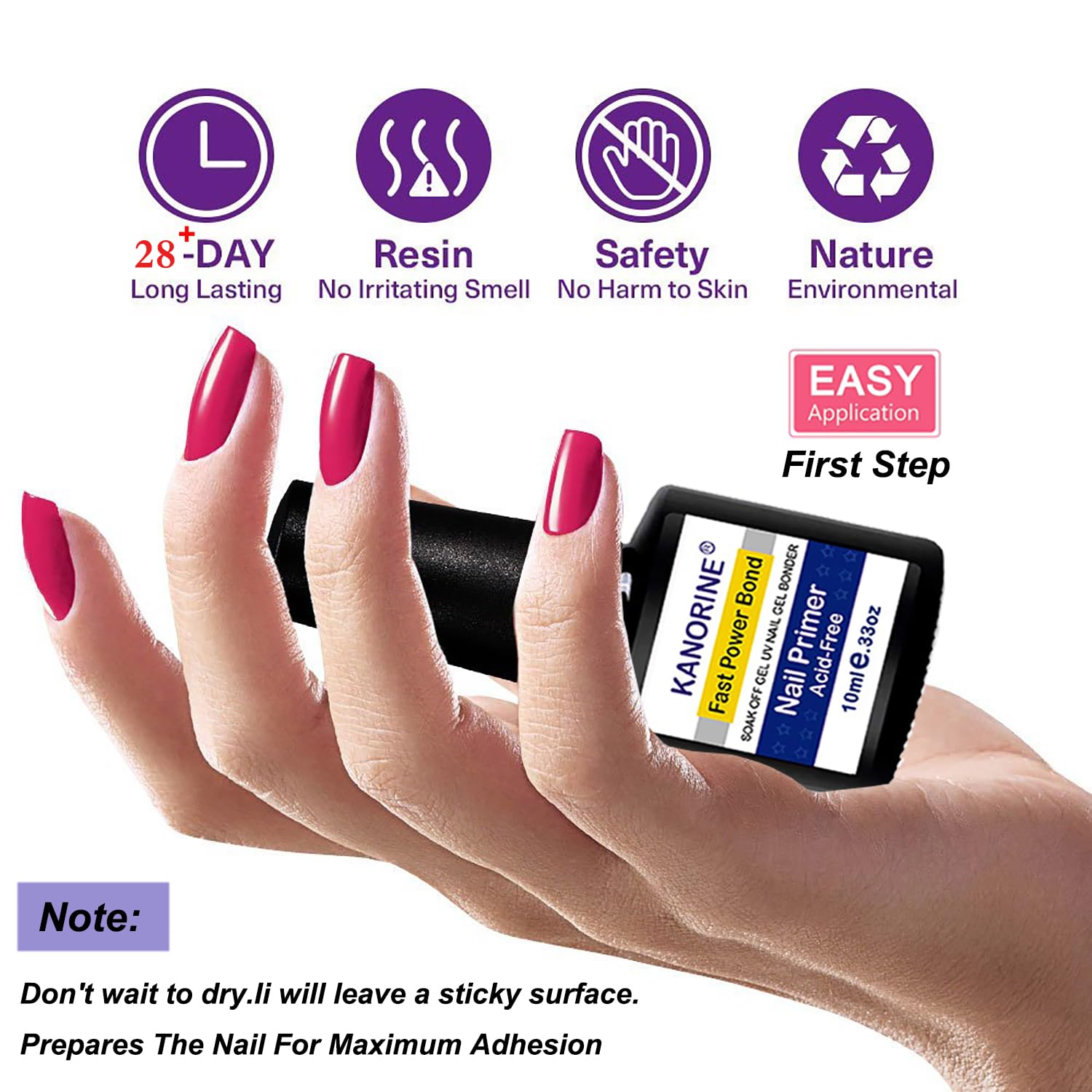 Kanorine® non-acid Gel Power Bond Natural Nail Primer/Acrylic Nails Primer, for all uv/led gel nail polish Bonder Nail Tech Essential Primer no-need-cure0.33oz/ 10mlx1