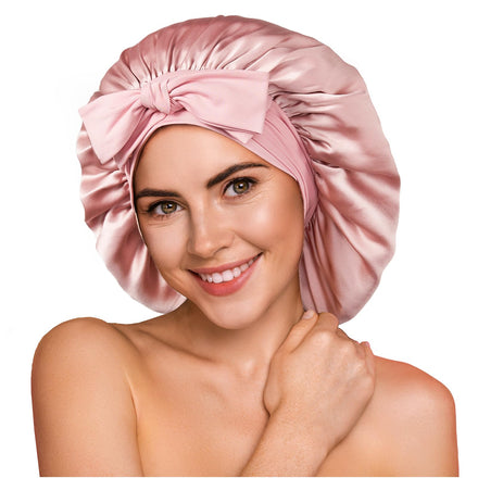 Umisleep 100% 22 Momme Mulberry Silk Bonnet for Sleeping Women, Larger Double Layer Silk Hair Wrap for Curly Short Long Hair, Non-Slip Sleep Cap Turban with Elastic Tie Band for Hair Care, Pink