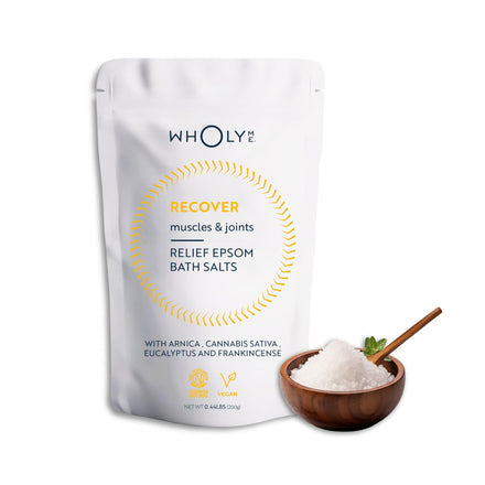 WholyMe Epsom Salt Bath Salts - Natural Bath Soak for Muscle and Joint Recovery with Arnica, Frankincense and Eucalyptus Essential Oil - Great for Post Workout and Relaxation - 7 Ounce (200g)