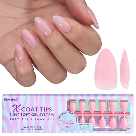 Short Almond Gel Nail Tips - BTArtbox XCOATTIPS 160 Pcs Fake Nails, Pre-applied Tip Primer Soaked Off Press On Nails for Nail Extensions in 16 Sizes