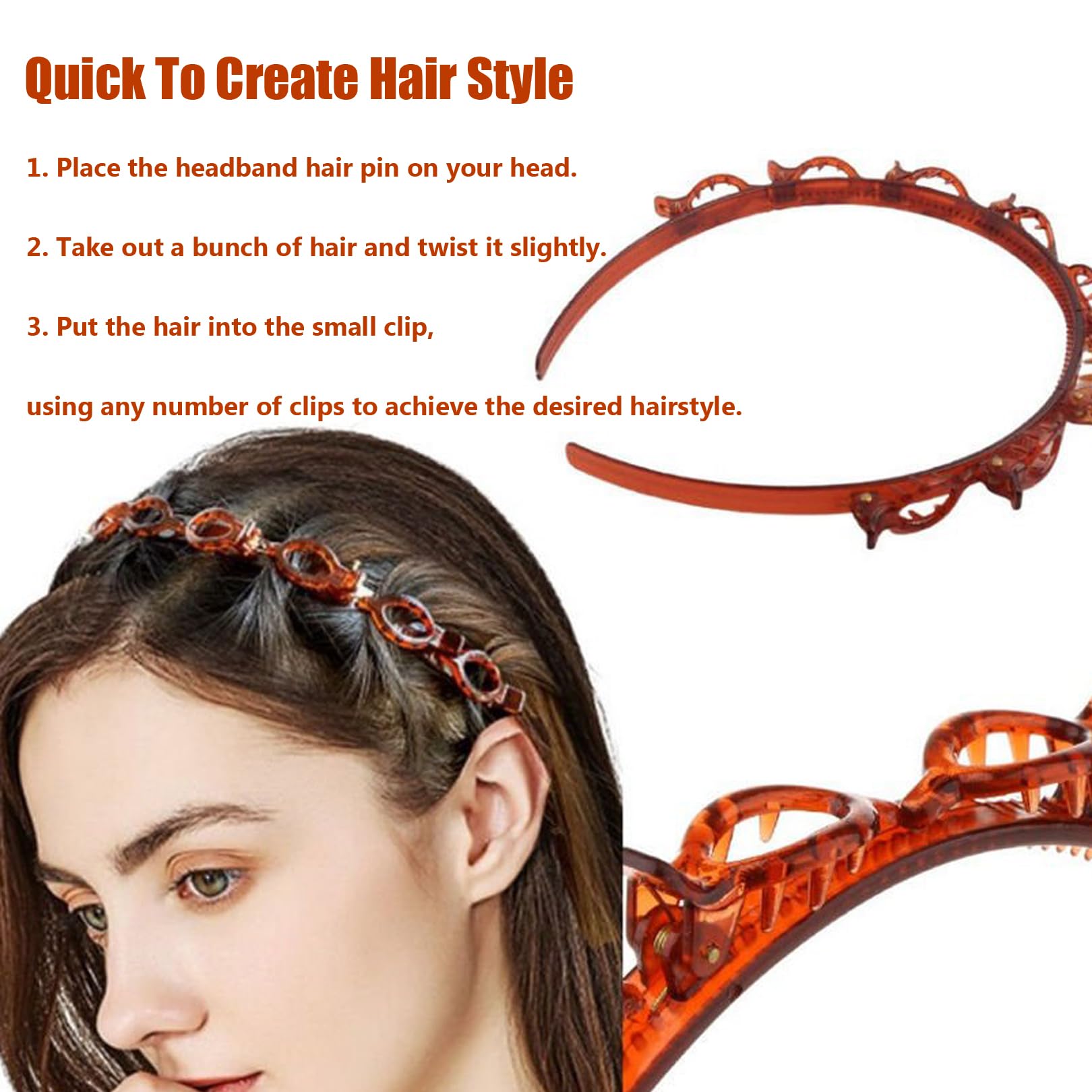 2 Pcs Clip Headbands,Multi-Layer Teeth Comb Hair Hoop Headband With Clips Attached,Non-Slip Double Bangs Hairstyle Hairpin Multi-Layer Hollow Woven Headbands for Women Girls(Black, Brown)