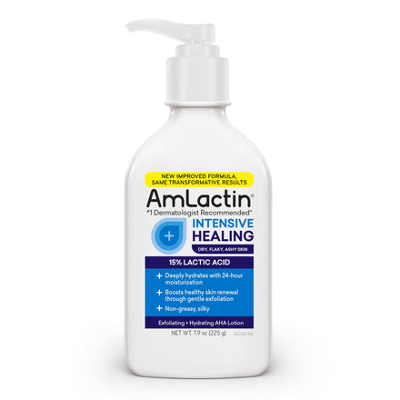AmLactin Intensive Healing Body Lotion for Dry Skin, 7.9 oz Pump Bottle, 2-in-1 Exfoliator and Moisturizer with Ceramides and 15% Lactic Acid for 24-Hour Relief from Dry Skin (Packaging May Vary)