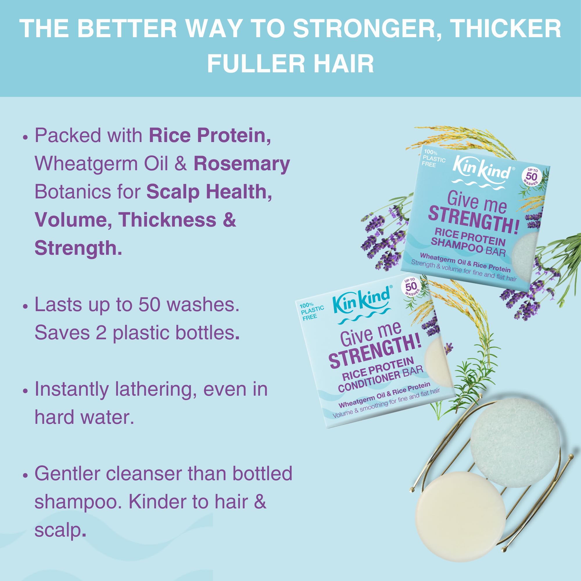 KinKind Rice Water Shampoo Bar for Hair Growth. Give Me STRENGTH! 3 Shampoo Bars for hair UK made. Solid Shampoo Bar with Rice Protein. Natural Hair Thickening Menopause Shampoo Bar for Thinning, Fine