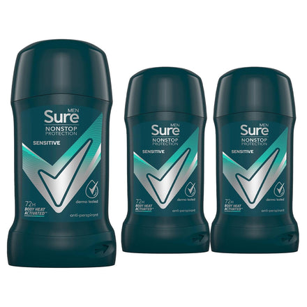 Sure Antiperspirant Deodorant Stick Sensitive 72H Nonstop Sweat and Odour Protection Roll On with Citrusy, Spicy and Woody Scent Deodorant for Men, 50ml Pack of 3