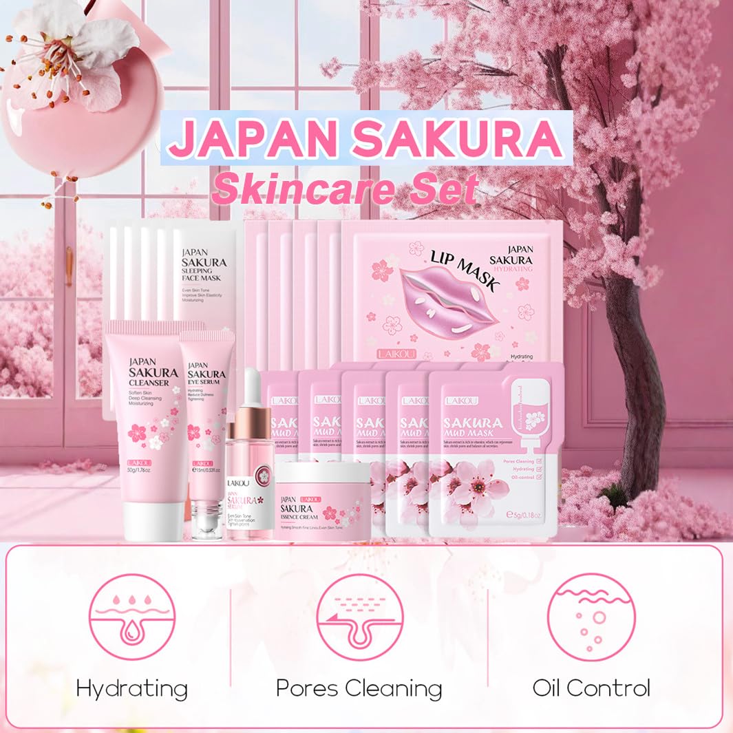 Sakura Skin Care Sets & Kits with Wash Bag,Skin Care For Teenage Girls Gifts,Facial Kits for Women,Face Mask Gift Set,Cleansing Japanese Skincare Set ,Pamper Sets (One Size, Sakura-Cleaning Kit)