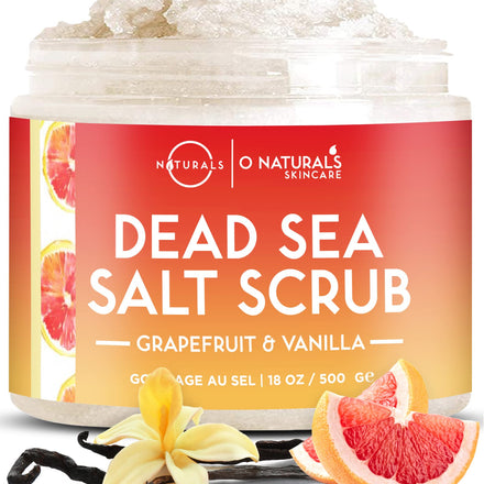 O Naturals Exfoliating Dead Sea Salt Grapefruit Essential Oil Face Body & Foot Scrub. w/Vanilla &. Hydrating Exfoliate Dead Skin, Men & Women Scrub 18oz