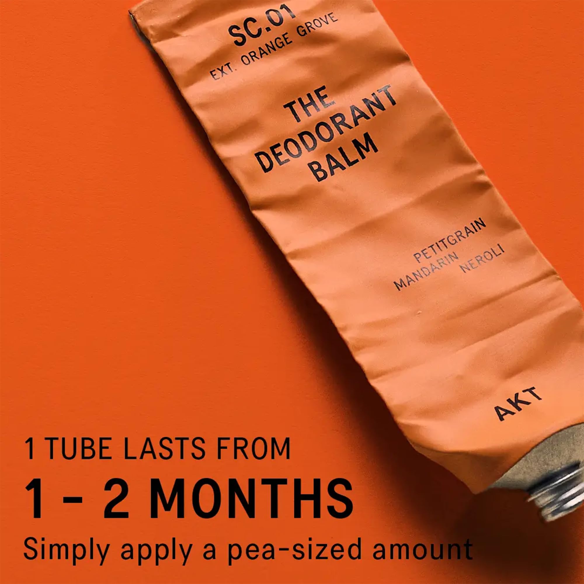 AKT, THE DEODORANT BALM. Award winning, multi-use, natural deodorant. Plastic Free. Gender Free. Aluminium Free. 100% effective — 1 tube lasts up to 3 months. SC.01 ORANGE GROVE. 50ml