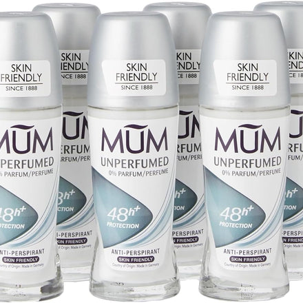 Mum Unperfumed Roll On Deodorant, 48 Hours Plus Protection, Alcohol Free Womens Mens Deodorant, Anti-Perspirant, Vegan, Sustainable Glass Bottle, Fragrance Free, 50 ml, Pack of 6