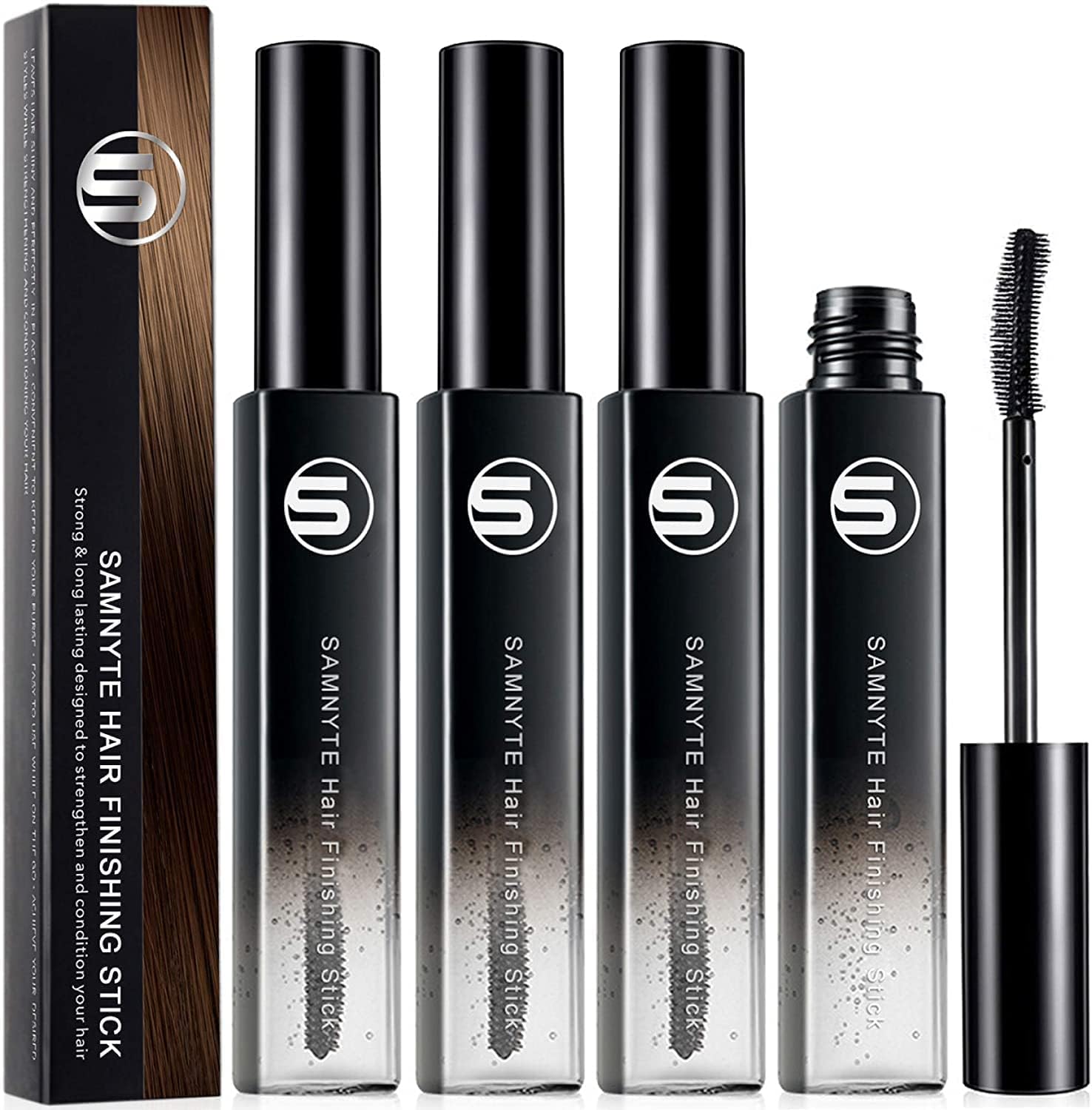 Samnyte Hair Finishing Stick, (4 Pack) Flyaway Stick for Baby Hair, Natural Moisturizing & Shiny Hair Mascara for Flyaways, Non-greasy