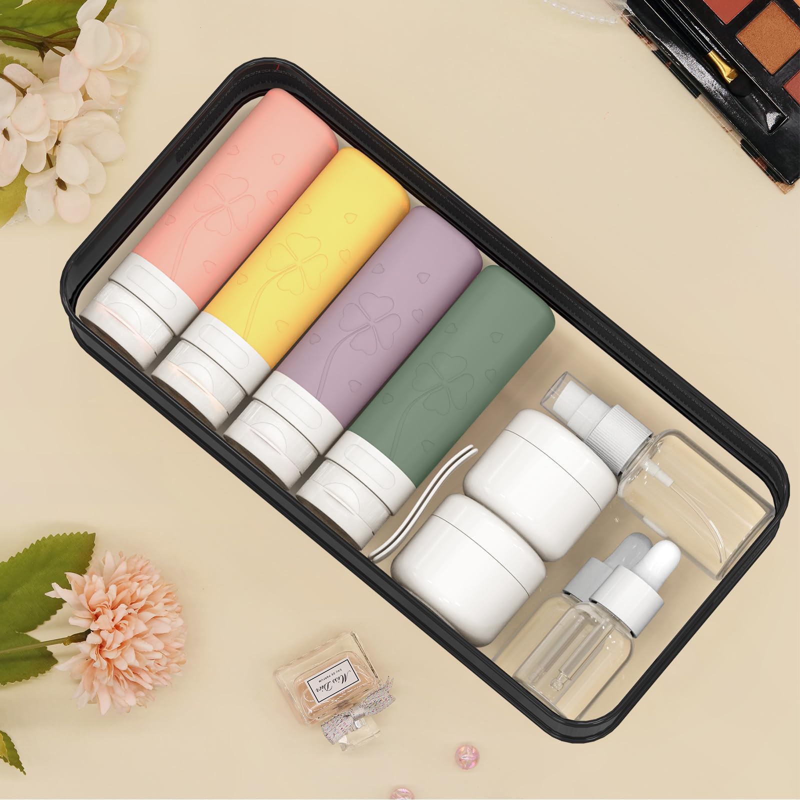 12 Pcs Travel Bottles Set for Toiletries, Silicone Travel Bottles with Clear Travel Toiletry Bag, Leak Proof Refillable Squeezable, TSA Approved Travel Containers for Shampoo Conditioner Lotion