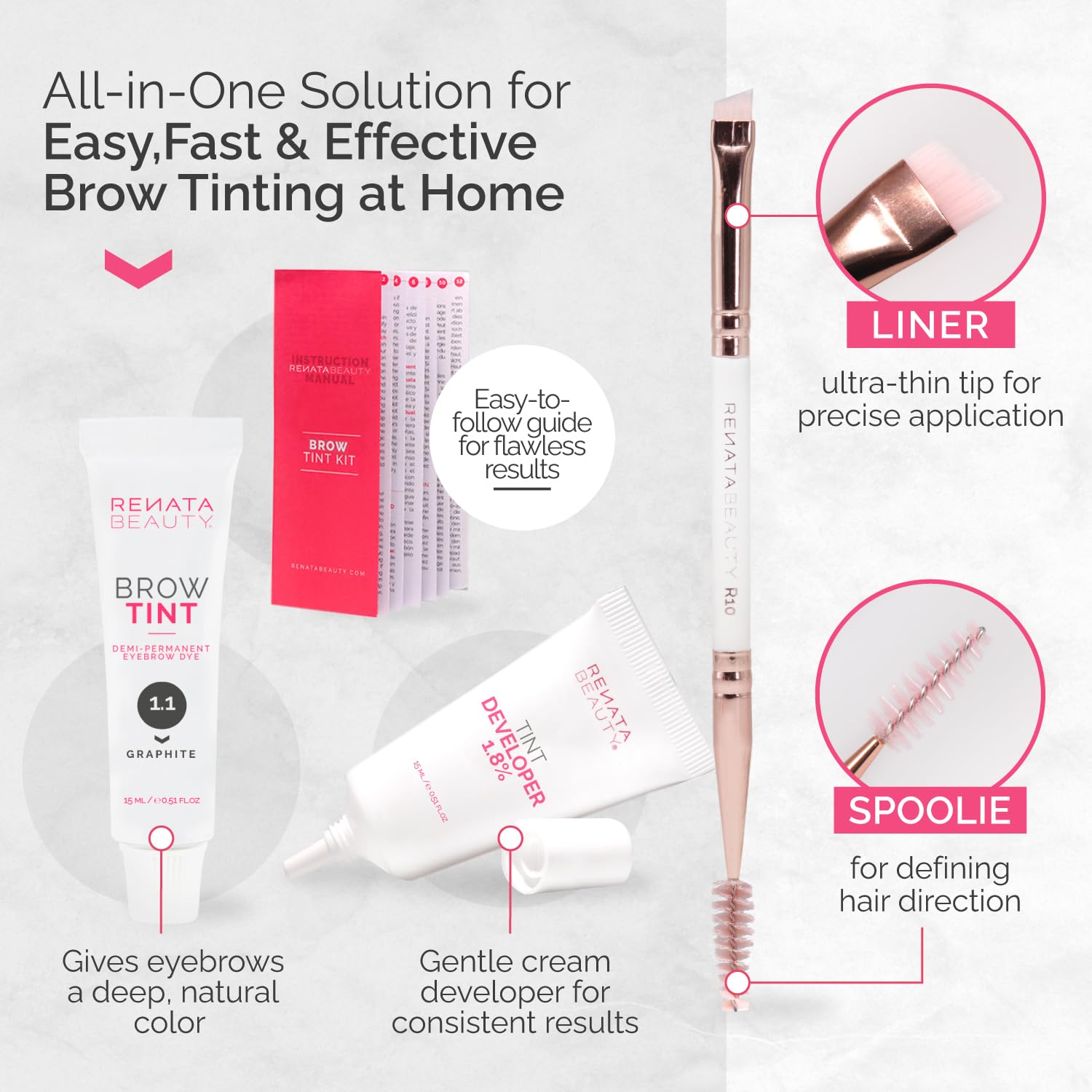 RB RENATA BEAUTY Brow Tint Kit – Eyebrow Tint Set – Dye Kit with Color Tint, Cream Developer and Styling Brush – Long-Lasting Effect Up to 4 Weeks – 30 Applications [Graphite]