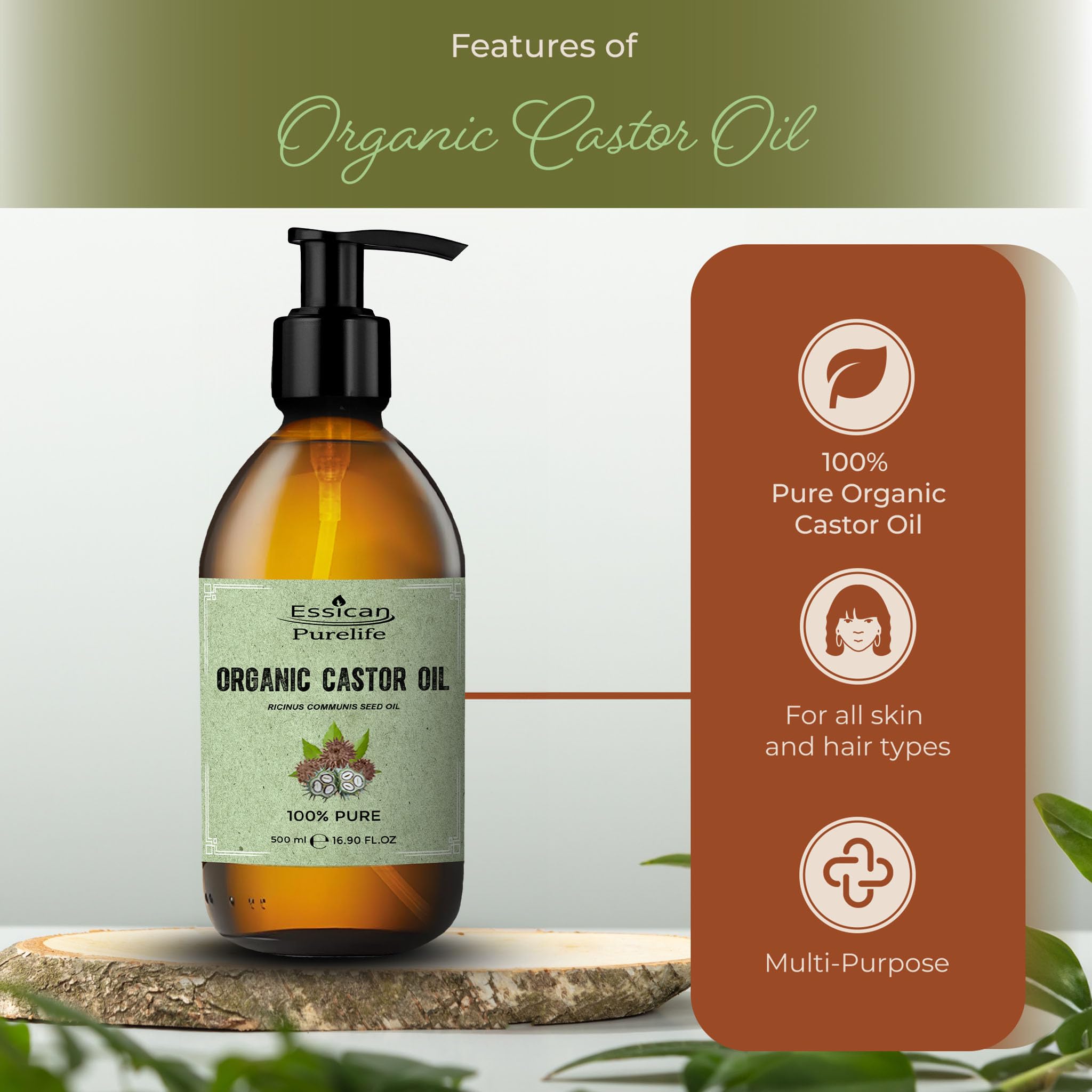 Organic Castor Oil 500ml Glass Bottle with Pumps for Hair Care