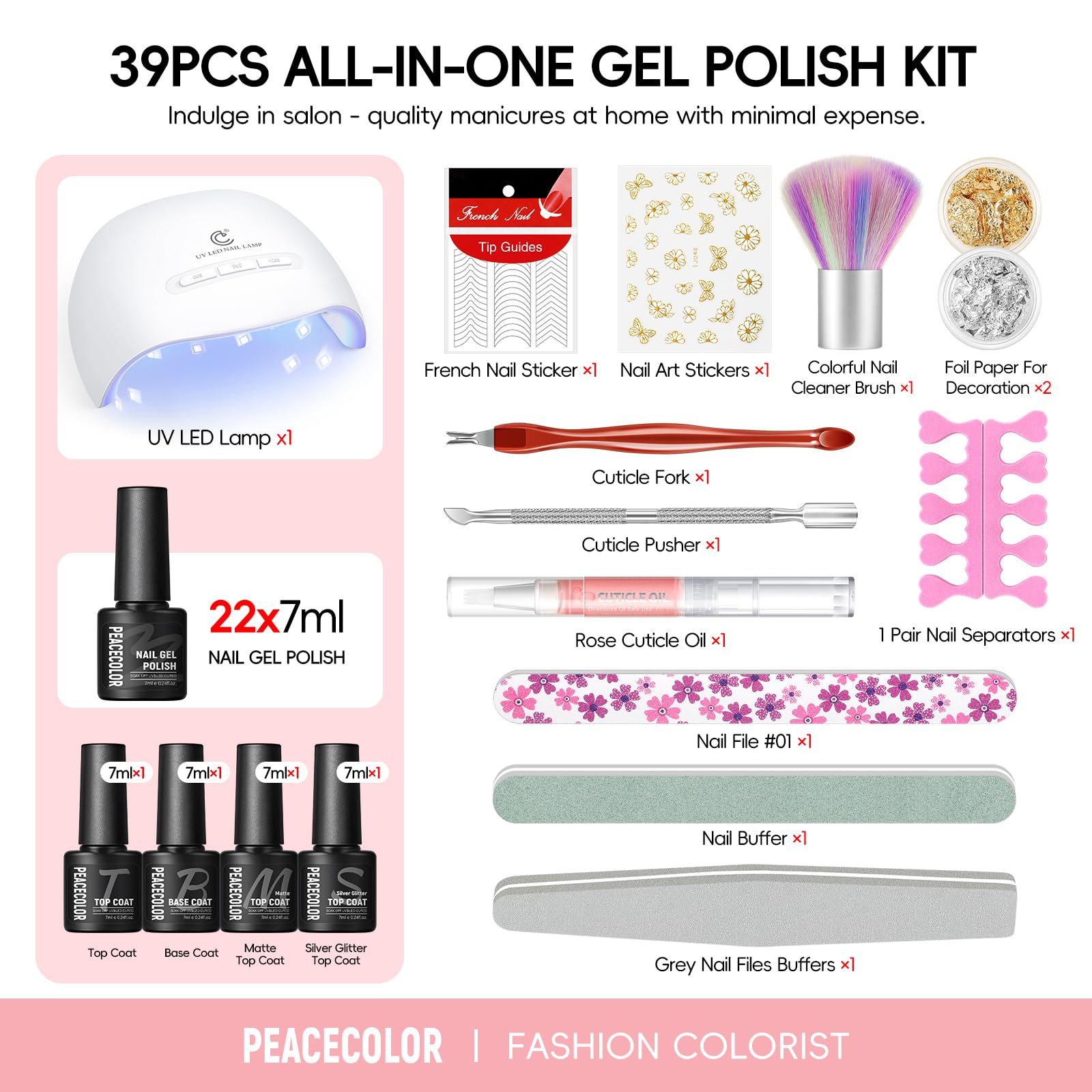 PEACECOLOR Gel Nail Polish Set, 39 PCS Gel Nail Kit with U V Lamp 22+4 Colours White Red Black Gels Polish Set with Base and Top Coat Manicure Tools Nail Salon Sets DIY at home Gifts for Women