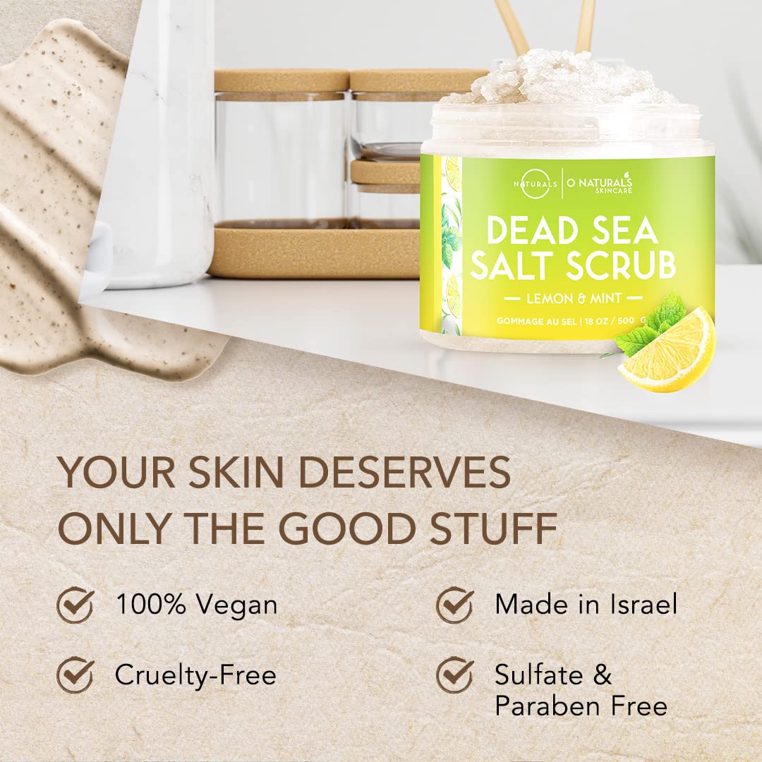 O Naturals Lemon & Mint Dead Sea Salt Scrub. Refreshing All Natural Exfoliator for Face, Hands, Body & Acne. Smooths, Renews & Revives Skin with Argan & Sweet Almond Oil. For Women & Men. 500 gr