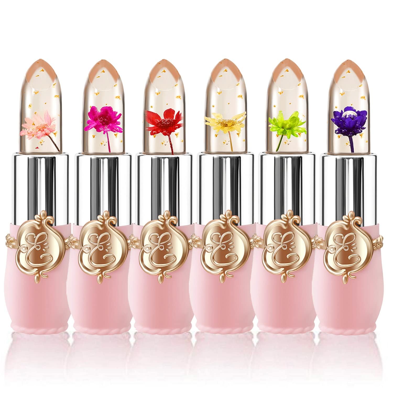6 Packs Flower Jelly Lipstick Set Magic Temperature Color Change Lip Balm Long Lasting Moisturizer Lip Gloss Flower Jelly Lipstick Makeup Set (6PCS Set A)