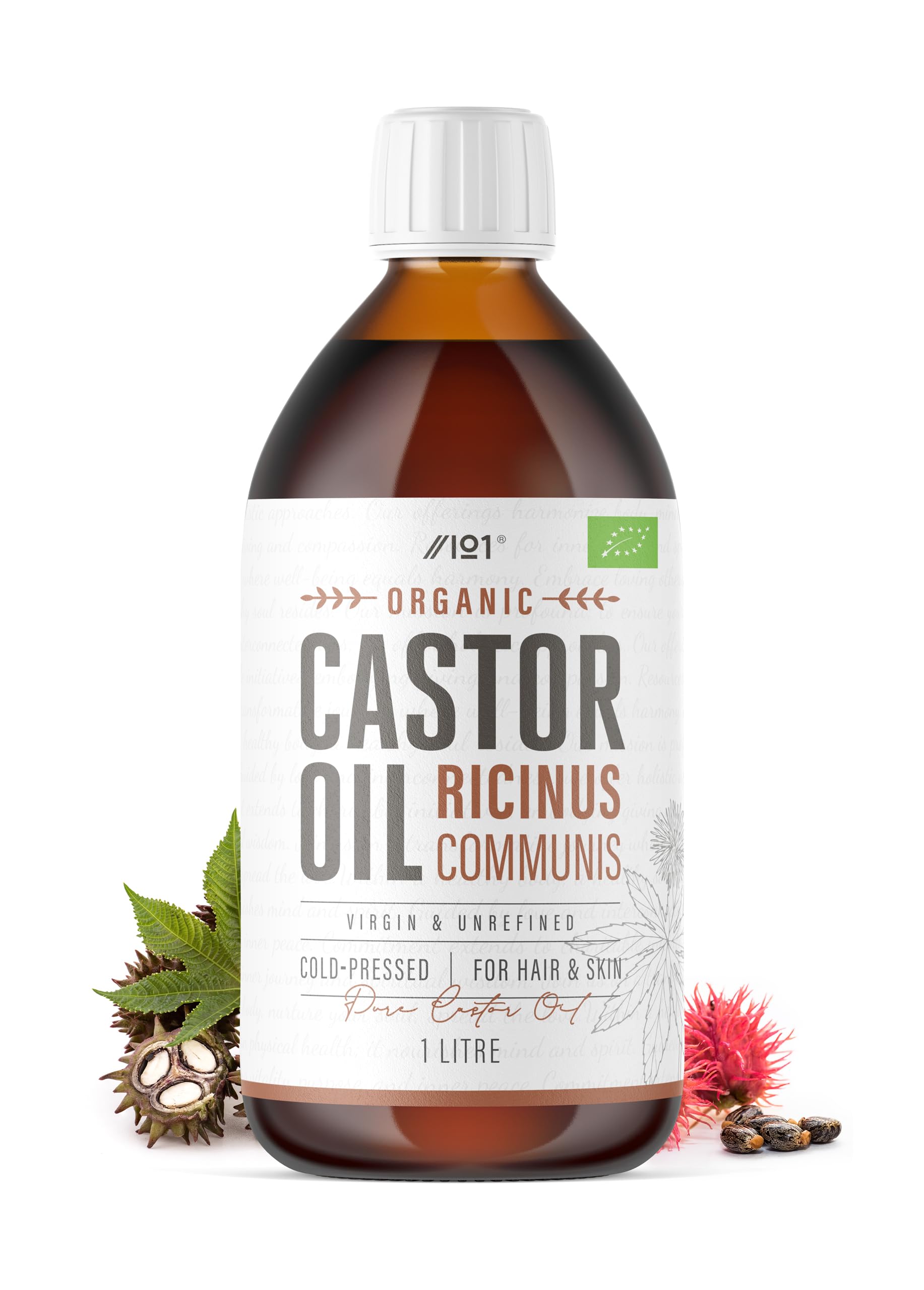 Organic Castor Oil 1 Litre – 100% Unrefind & Cold Pressed – Hexane Free (PET Bottle) – for Skin & Hair – Sustainably Sourced – By Alpha01