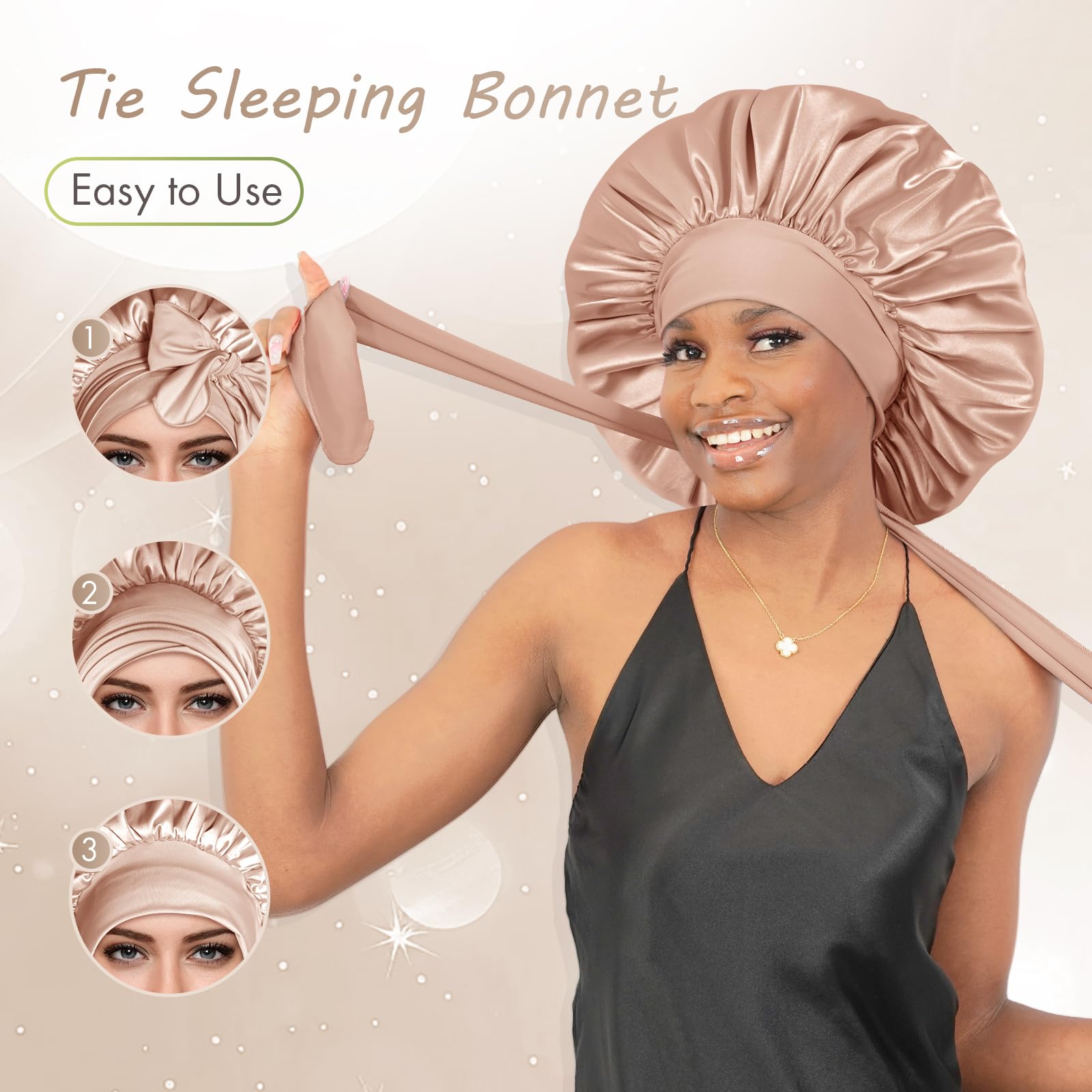 BONNET QUEEN Silk Bonnet for Sleeping - Satin Bonnet Designed for Women with Curly Hair, Sleep Cap with Adjustable Tie Band, Champagne