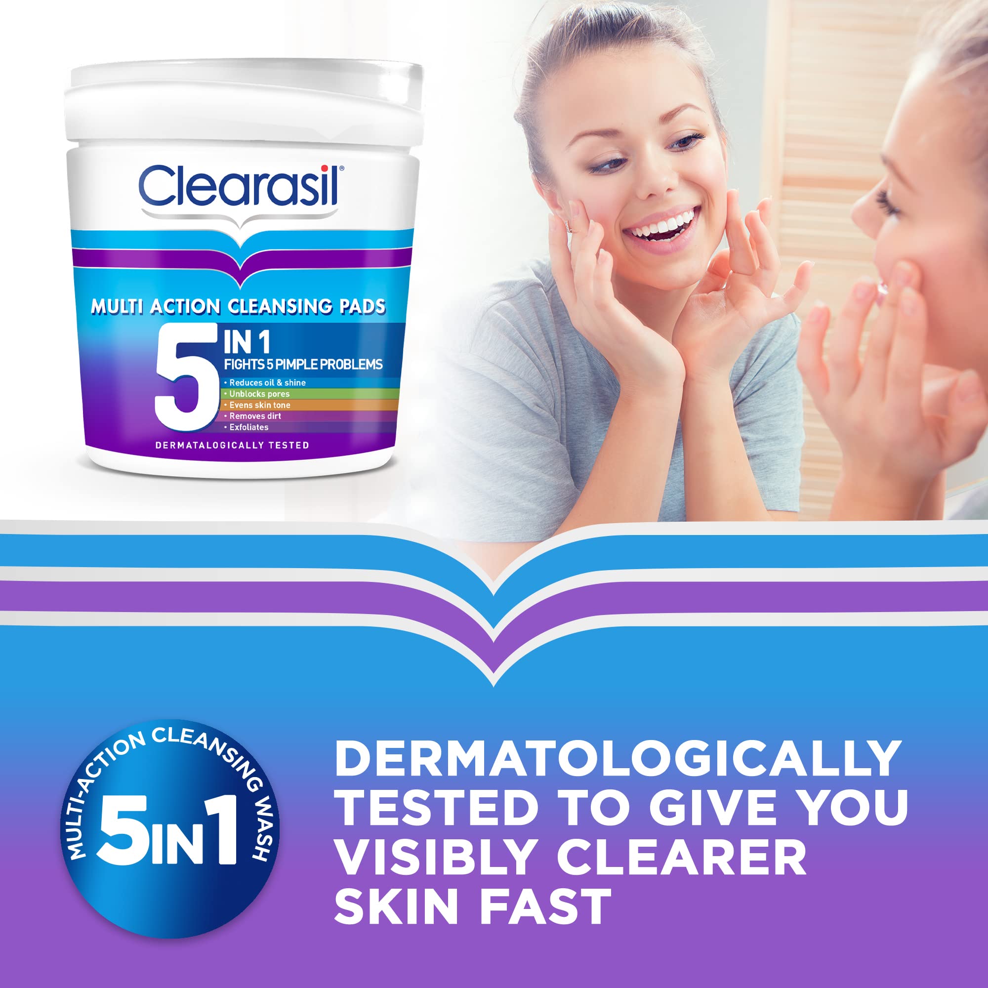 Clearasil 5-In-1 Multi-Action Cleansing Salicylic Acid Pads, Face Exfoliating For Acne Prone Skin, Unblock Pores, Reduces Blackheads, Pimples & Excess Oil, Everyday Spot Prevention, 65's (Pack Of 2)