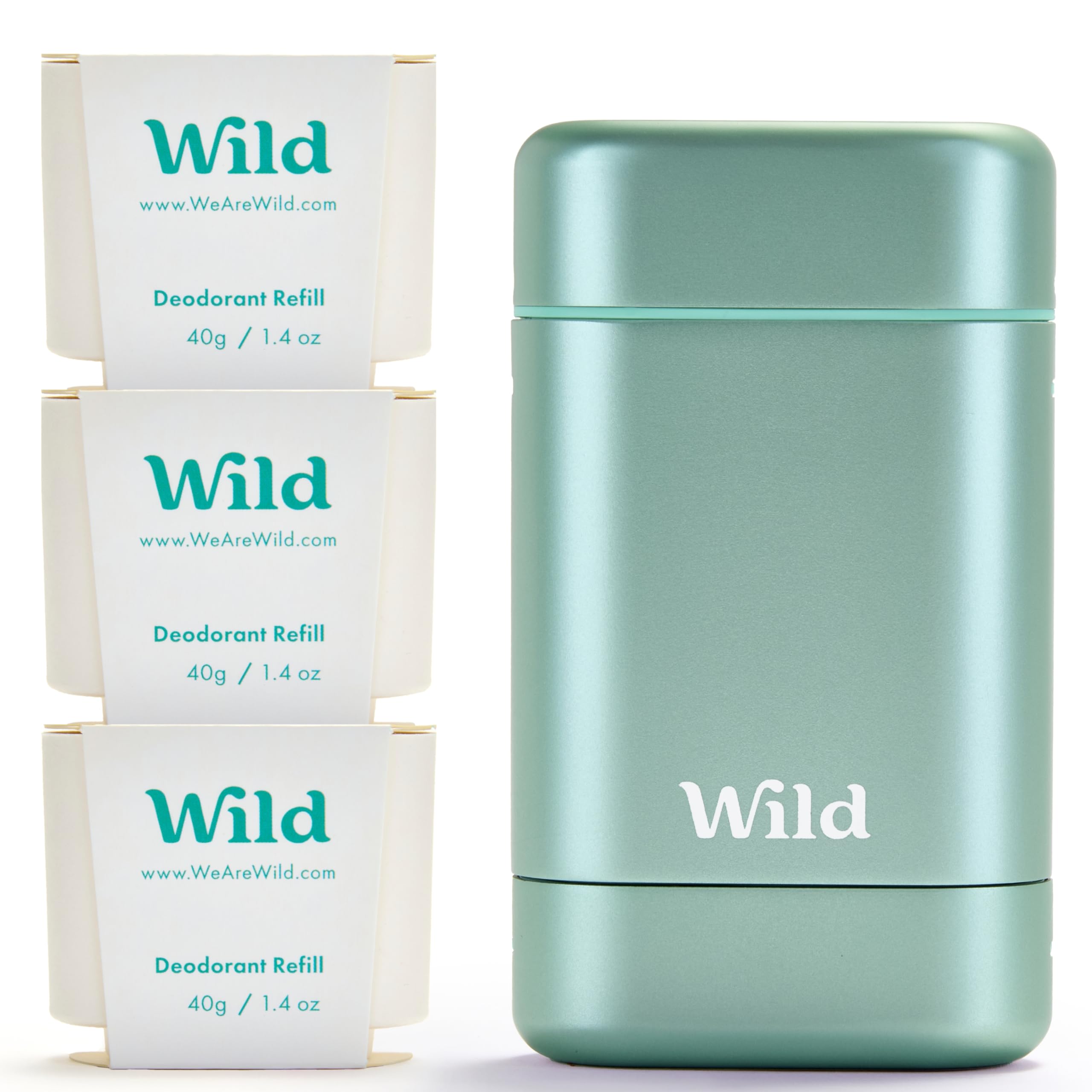 Wild - Natural Refillable Deodorant - Aluminium Free - Aqua Case with 3 x Fresh Cotton & Sea Salt Refill (40g) - Vegan & Eco-Friendly - Long Lasting Protection - Natural Ingredients - Starter Kit