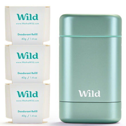 Wild - Natural Refillable Deodorant - Aluminium Free - Aqua Case with 3 x Fresh Cotton & Sea Salt Refill (40g) - Vegan & Eco-Friendly - Long Lasting Protection - Natural Ingredients - Starter Kit