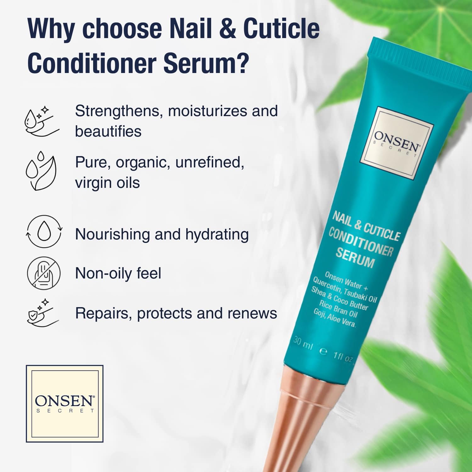 Onsen Nail & Cuticle Cream Treatment w/Japanese Tsubaki, Jojoba & Lavender Oil, Shea Butter – Strengthens Nails, Softens Cuticles - Daily Repair Care - 30ml