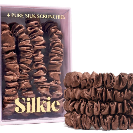SILKIE x4 Set 100% Pure Mulberry Silk Brown Skinny Scrunchies Travel Pouch Everyday Hair Ties Elastics Hair Care Ponytail Holder No Damage (Praline)