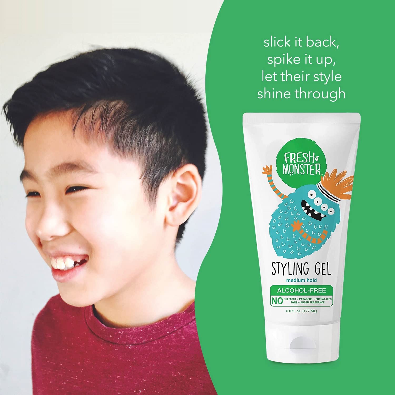 Fresh Monster Natural Hair Gel For Kids & Babies, Alcohol-Free, Toxin-Free, Flexible Medium Hold 6 Ounces