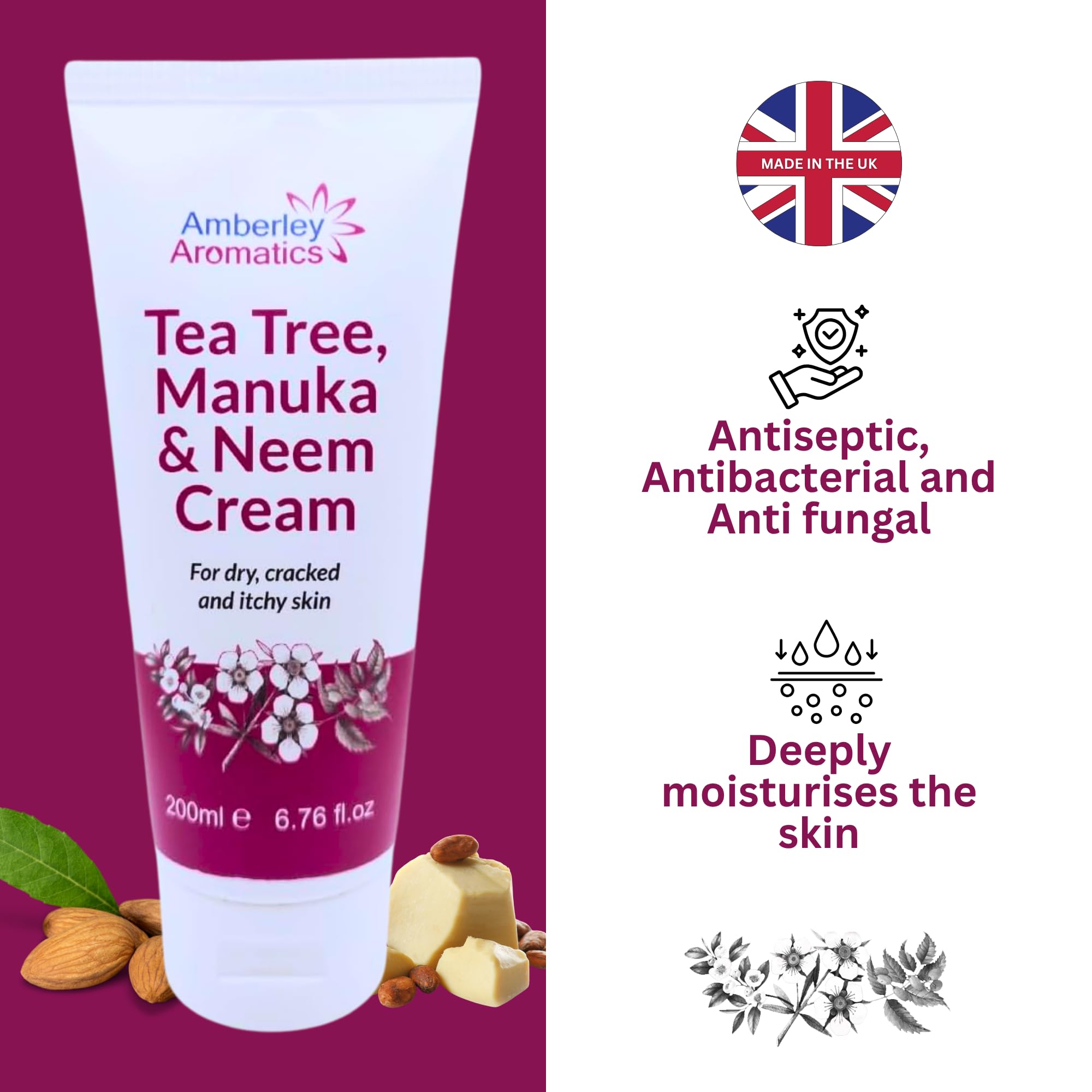 Tea Tree, Manuka & Neem Cream (200ml) -Antibacterial, Anti-fungal, Antiseptic, Anti-Itch, Dry, Chapped & Cracked Skin, Eczema, Psoriasis, Jock Itch, Fungal infections. Fast Effective Relief