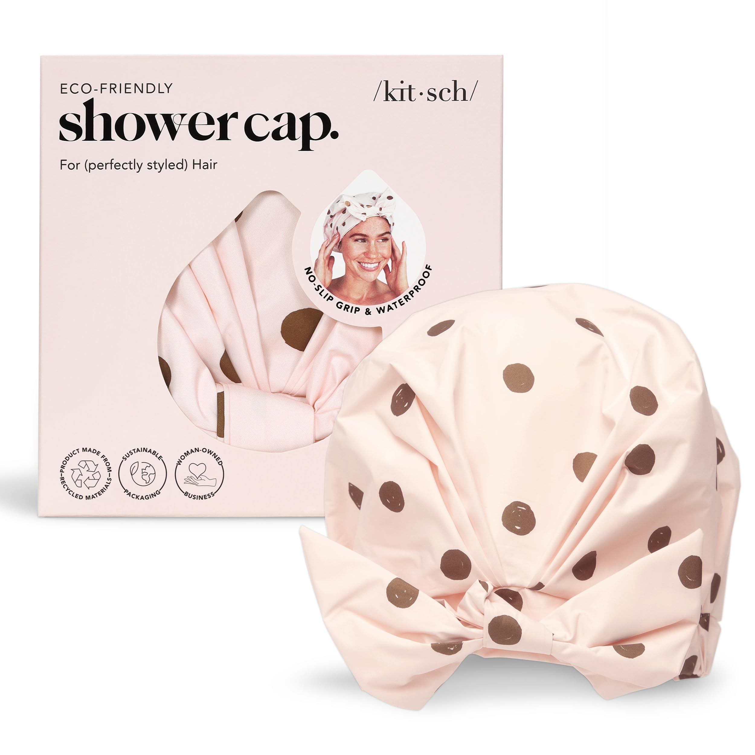 Kitsch Luxury Shower Cap for Women - Reusable Shower Cap for Long Hair with Non Slip Silicon Grip | Waterproof Hair Cap for Shower with One Size Fits Most | Stylish Hair Cover for Shower (Blush Dot)