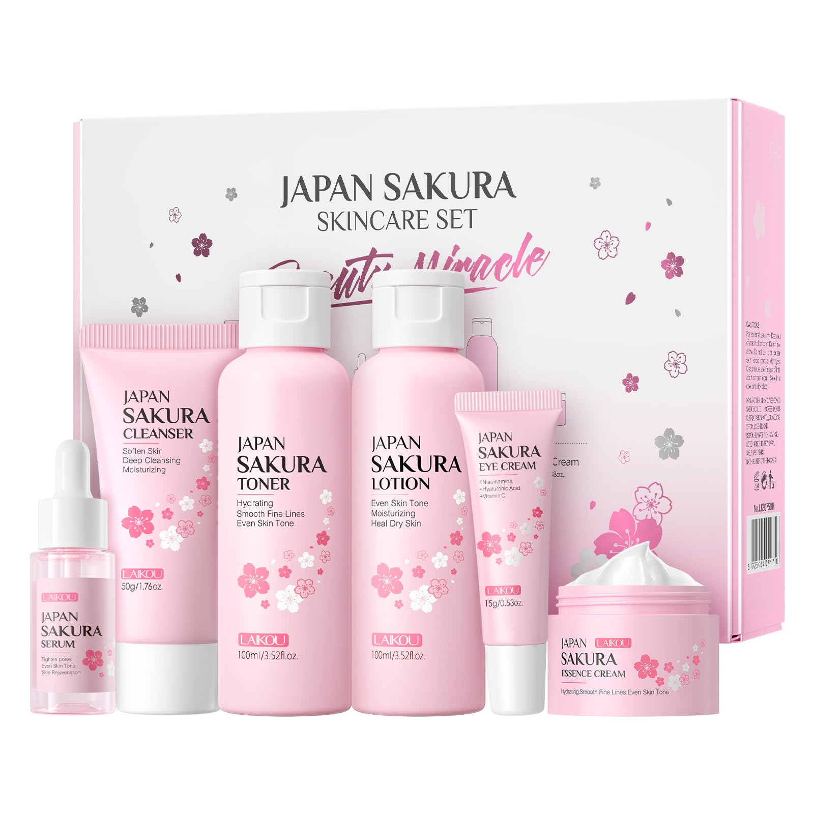 LAIKOU Skincare Set, JAPAN Sakura Skin Care Sets & Kits - Cleanser, Toner, Lotion, Serum, Eye Cream, Face Cream, Travel Gift Sets for Women Teenage Girls Mom Daughter, TSA-friendly Sizes 6pcs