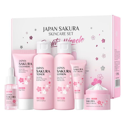 LAIKOU Skincare Set, JAPAN Sakura Skin Care Sets & Kits - Cleanser, Toner, Lotion, Serum, Eye Cream, Face Cream, Travel Gift Sets for Women Teenage Girls Mom Daughter, TSA-friendly Sizes 6pcs