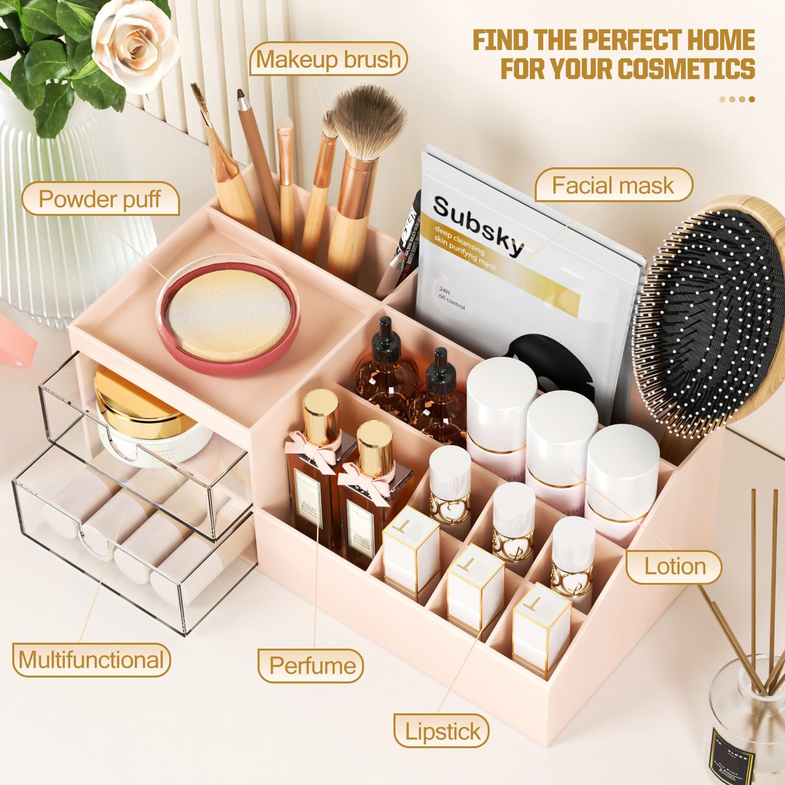 Subsky Makeup Organiser with Drawers, Make Up Storage Cosmetic Dressing Table Organiser Makeup Box with Drawerds for Dresser, Bedroom, Bathroom (Pink)