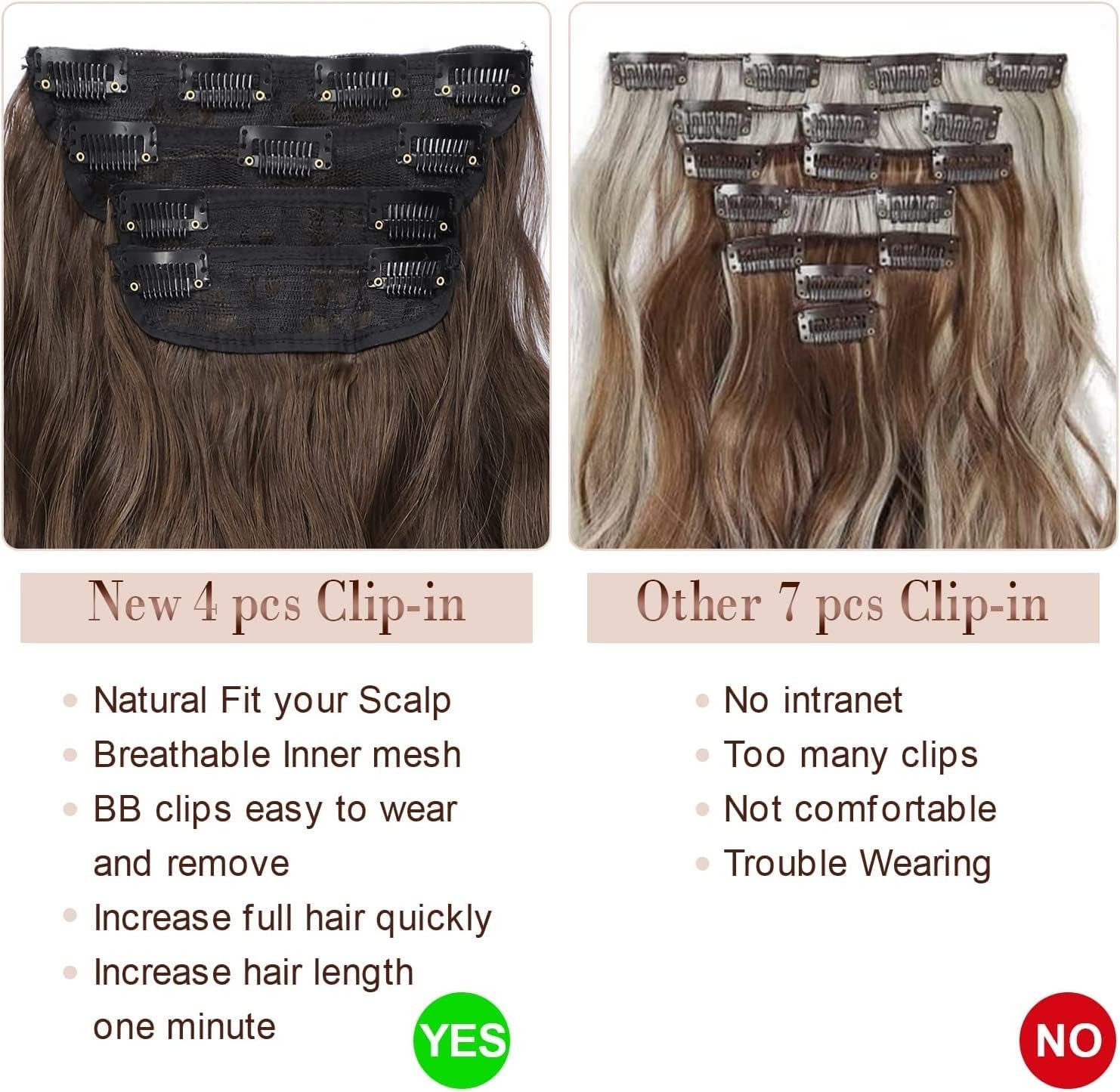 Fine Plus Hair Extensions Clip in 4PCS Light Brown Mix Honey Blonde 20Inch Hair Extension Long Wavy Full Head Clip in Hair Extensions Synthetic Fiber Hair Pieces for Women